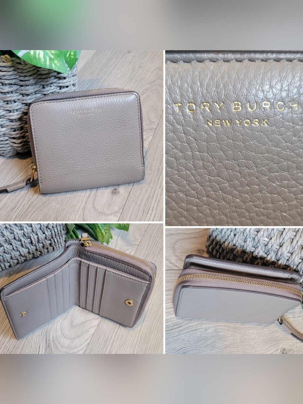 Tory Burch Perry Bi-Fold Wallet Gray Heron Pebble Leather Zipper Wallet, 4x4.5